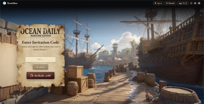 A screenshot from TermMax showing an 'Ocean Daily' Maritime Edition event with an 'Enter Invitation Code' field displaying the code '0x3EaD...43ff' over a pirate ship scene.