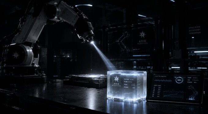 A futuristic industrial scene showing a robotic arm emitting a laser beam onto a glowing transparent cube labeled 'AXIS ROBOTICS', with a holographic display panel showing telemetry data like '98%' to the side.