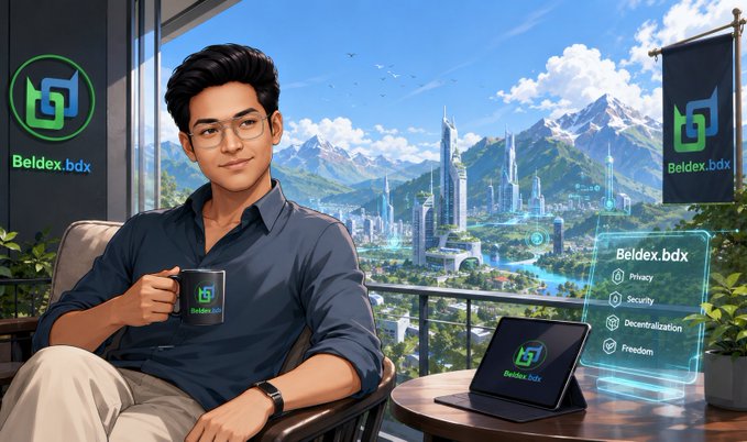 A digital illustration of a young man with glasses holding a mug branded 'Beldex.bdx', sitting by a window overlooking a futuristic city with mountains, with a holographic display listing Privacy, Security, Decentralization, and Freedom.