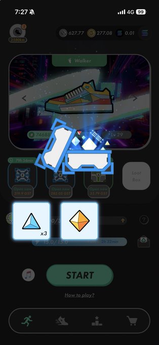 A screenshot of the StepN move-to-earn app shows a sneaker NFT, a Walker sneaker, and energy rewards, with a START button to begin walking or running.