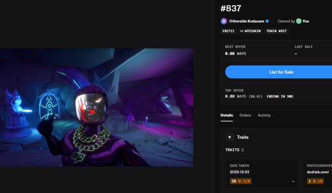 An NFT listing page for token #837 by Otherside Kodacam on the ApeChain, showing a digital illustration of a character in a space helmet with glowing red eyes and a gold chain, priced at 0.08 WAPE.