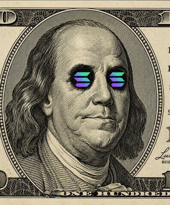 A modified image of Benjamin Franklin's face from the U.S. one hundred dollar bill, edited to show Solana logo sunglasses over his eyes.