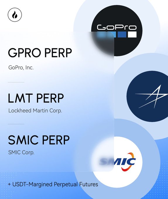 A promotional graphic announcing new USDT-margined perpetual futures listings for GoPro (GPRO PERP), Lockheed Martin Corp. (LMT PERP), and SMIC Corp. (SMIC PERP), featuring their respective company logos against a blue background. The image visually reinforces the post's announcement of these TradFi futures additions on HTX.