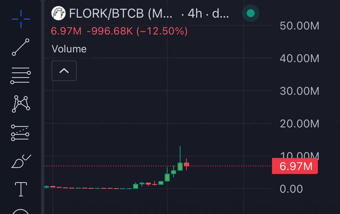 A financial chart showing the trading volume for the FLORK/BTCB pair on a cryptocurrency exchange, with a current volume of 6.97M and a 12.50% decrease.