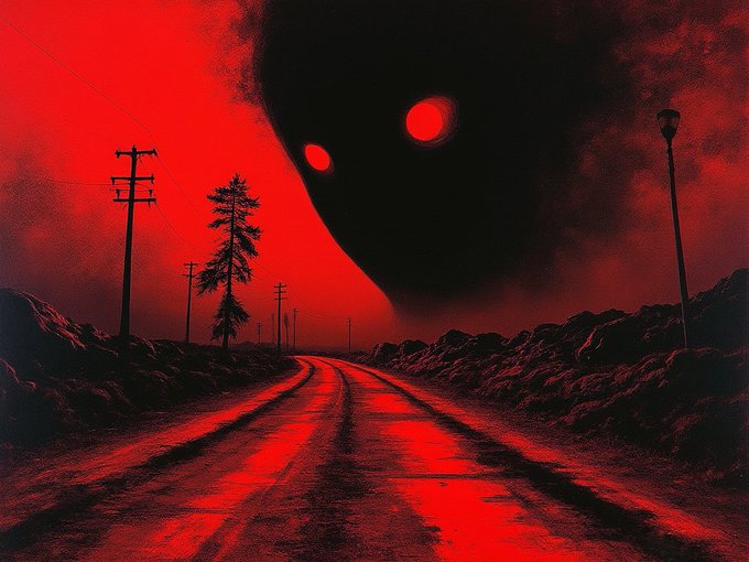 A surreal, ominous scene bathed in deep red hues depicts a winding, rain-slicked road flanked by utility poles and silhouetted trees, with a massive shadowy figure bearing glowing red eyes looming overhead. The post reflects on artistic versatility versus market-driven style, suggesting this eerie, atmospheric piece exemplifies an artist flexing creative freedom rather than catering to collector expectations.