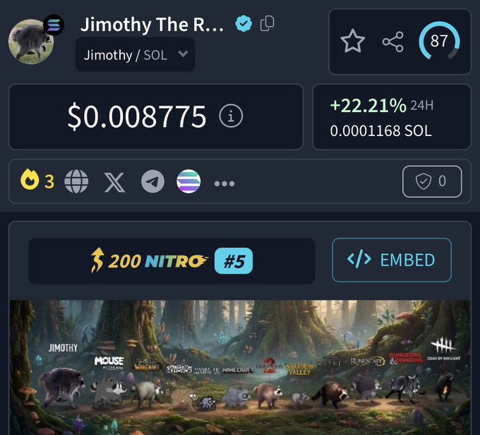 The image displays a DexTools page for the "Jimothy the R..." token on the SOL blockchain, showing a price of $0.0008775 with a +22.21% 24-hour increase. The sponsor message highlights CTO approval and updated socials, which align with the verified checkmark and active social links (Telegram, X, etc.) visible on the token's profile page.