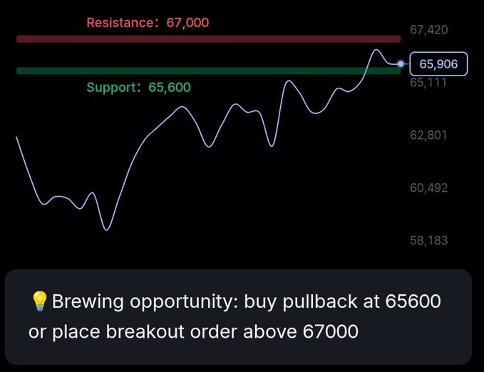 A trading chart showing resistance at 67,000 and support at 65,600, with current price at 65,906 and a note advising to buy pullback at 65600 or place breakout order above 67000.