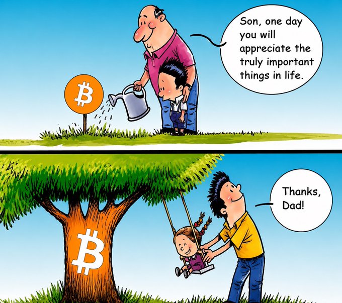 A cartoon showing a father watering a small Bitcoin sprout while telling his son "Son, one day you will appreciate the truly important things in life." Below, the son pushes his daughter on a swing under a fully grown Bitcoin tree, with the daughter replying "Thanks, Dad!".