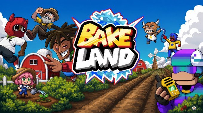 A colorful banner for 'Bake Land' features cartoon characters, including a farmer and figures with red and rainbow helmets, set in a farm environment.