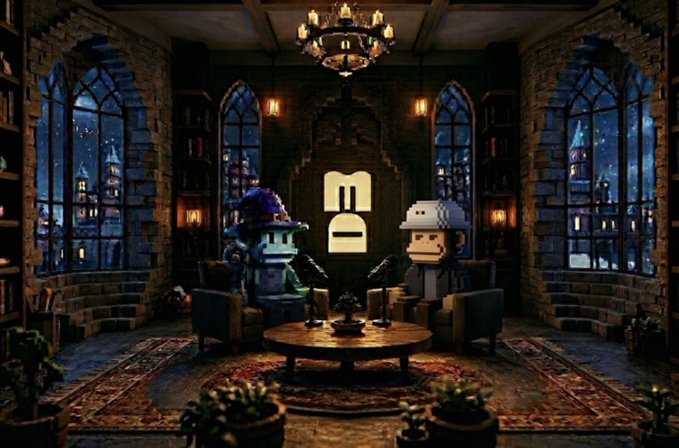 Two blocky, lego-style characters sitting in armchairs across a coffee table in a dimly lit, gothic-style room with arched windows and a glowing logo between them.