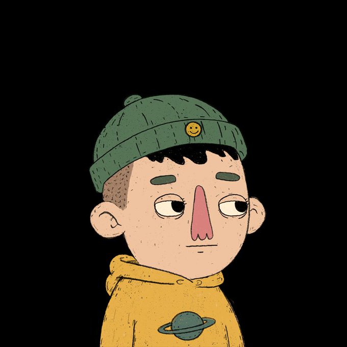 A cartoon-style illustration of a young boy wearing a green beanie with a smiley face pin and a yellow hoodie featuring a Saturn planet design, set against a black background.