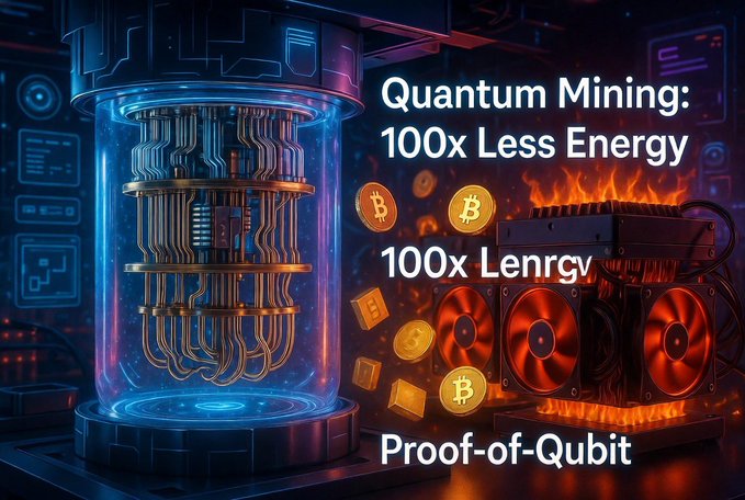 The image shows a 3D rendering of a computer chip with a blue background, surrounded by various coins scattered around it. The text above the image reads "Quantum Mining: 100x Less Energy", while below it there are descriptions about the technology behind Quantum mining and its relation to Bitcoin.