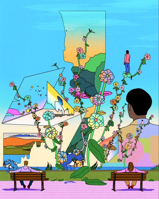 A vibrant surrealist digital artwork features oversized flowers, geometric panels depicting landscapes and ocean waves, and small figures—including people seated on benches and a girl walking across a floral stem—all set against a bright blue sky. The scene evokes introspection and wonder, perfectly complementing the contemplative theme of "Moments of clarity."