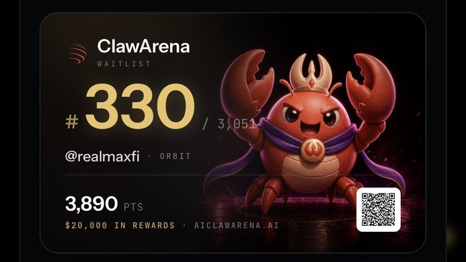 ClawArena waitlist card showing position #330 out of 3,051 for user @realmaxfi (Orbit) with 3,890 points and a $20,000 rewards pool, featuring a cartoon red crab mascot with a crown and cape.