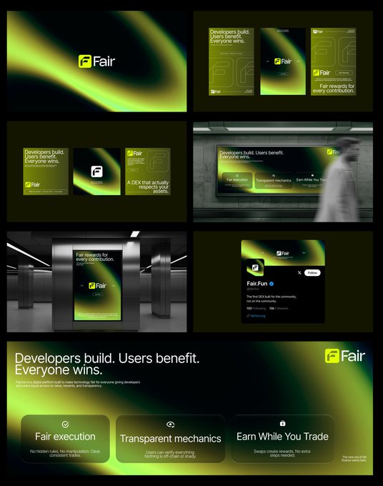 A brand design presentation for 'Fair' featuring a green and black gradient logo. The layout includes ads with text like 'Developers build. Users benefit. Everyone wins.', 'A DEX that actually respects your dollars.', and 'Fair rewards for every contribution', along with a Twitter profile for 'Fair.Fun'.