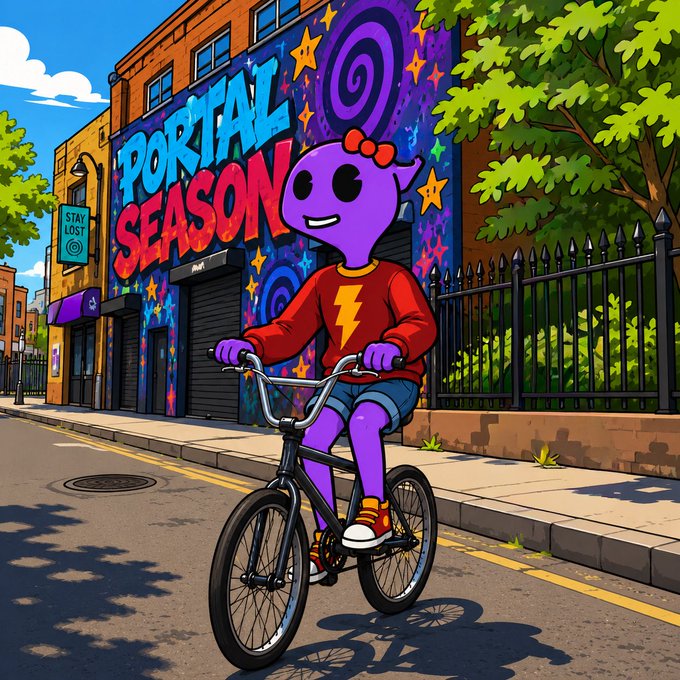 Cartoon illustration of a purple alien-like character with a red bow riding a bicycle on a city street, with a colorful 'PORTAL SEASON' mural painted on a brick building behind them.