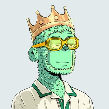 An illustrated green furry character wearing a golden crown, yellow sunglasses, and a cream-colored jacket smiles at the viewer.