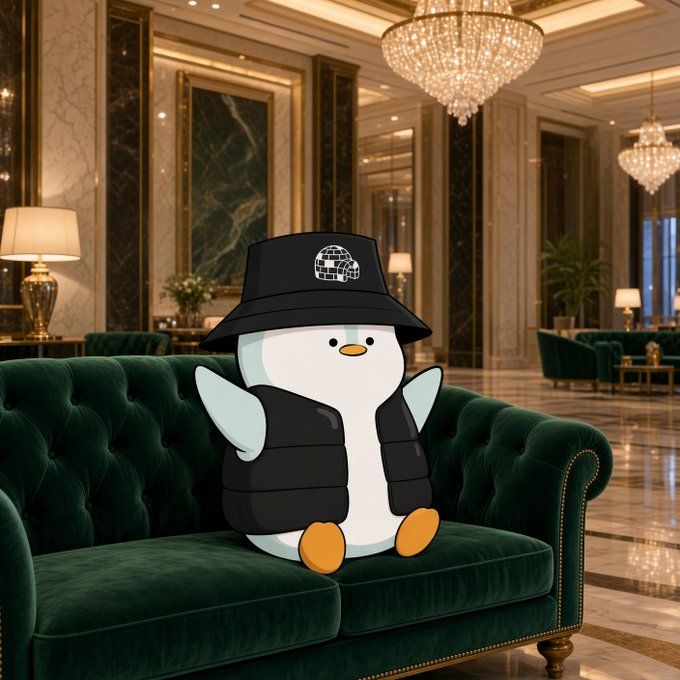 A cartoon penguin wearing a black bucket hat with a logo and a black vest, sitting on a green velvet couch in a luxurious lobby with chandeliers.