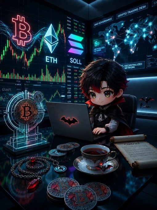 An anime-style chibi character with a bat-themed laptop sits at a crypto trading desk displaying Bitcoin (BTC) and Ethereum (ETH) charts, a 'SOLL' logo, and a world map labeled 'CRYPTO TRADING DESK'.