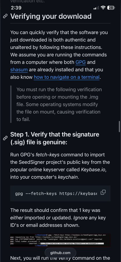 A mobile screenshot of a GitHub page titled 'Verifying your download' showing instructions for verifying a SeedSigner software download using GPG, including a command for fetching keys from keybase.io.