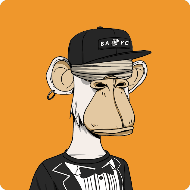 The image features a cartoon monkey wearing a suit, tie, and hat with the words "B.A.Y.C." written on it. The monkey appears to be dressed for a formal event or occasion. The background of the image is orange, which contrasts with the white fur of the monkey. There are no other objects in the image besides the monkey wearing the suit and tie.