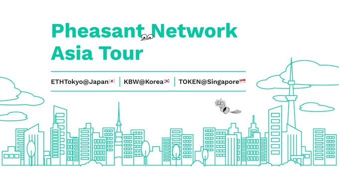 A promotional graphic announcing "Pheasant Network Asia Tour," listing stops at ETHTokyo in Japan, KBW in Korea, and TOKEN2049 in Singapore, with an illustration of an Asian cityscape and sky featuring a flying pheasant.