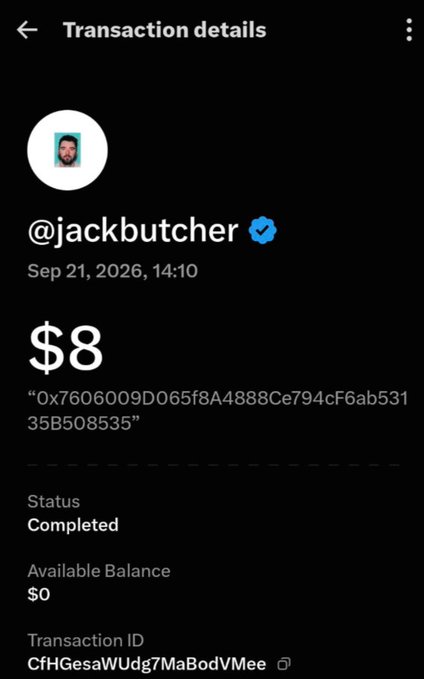 A mobile app transaction details screen for a verified user "@jackbutcher" showing an $8 completed transaction dated "Sep 21, 2026, 14:10".