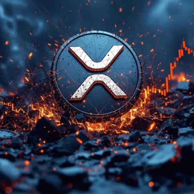 A 3D rendering of the XRP (Ripple) logo coin resting on rocky terrain surrounded by glowing orange embers and fire against a dark, moody background.