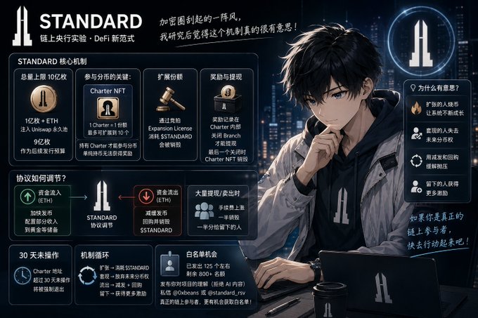 A Chinese-language promotional infographic for 'STANDARD', a DeFi on-chain experimental lab, featuring an anime-style character and explaining token mechanics, rewards, and whitelist opportunities.