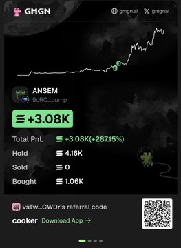 The image shows a GMGN app screenshot displaying a portfolio with a +3.08K (+287.15%) PNL gain on the $ANSEM token, showing holdings of 4.16K and 1.06K bought. The screenshot visually confirms the poster's brag about hitting a 3,000 $SOL PNL on the $ANSEM trade via their phone during dinner.