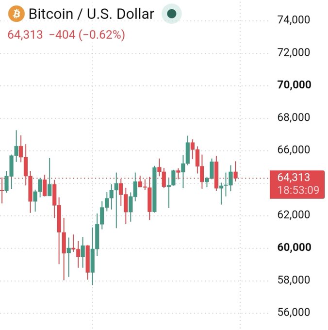 A candlestick chart shows Bitcoin (BTC/USD) trading at $64,313, down $409 (-0.62%), with the price hovering around the $64,000 level as referenced in the post's "GM Bitcoin $64,000" greeting.