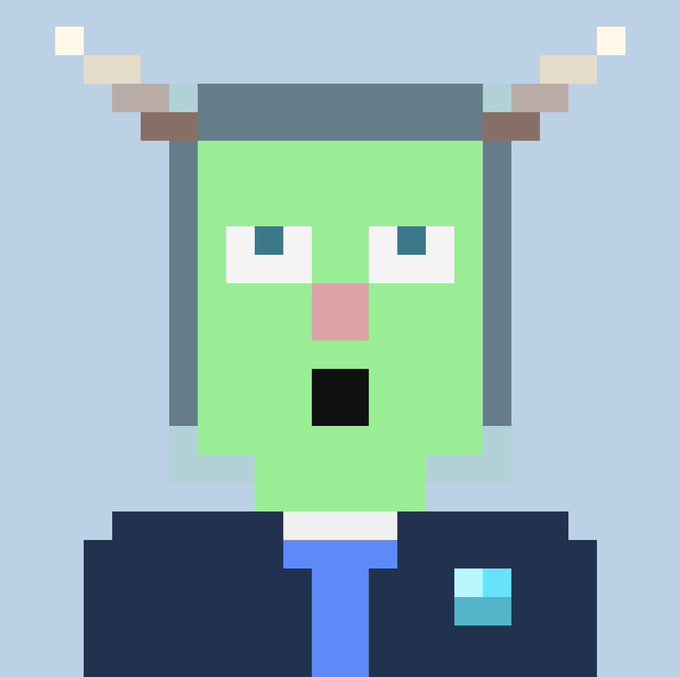 Pixel art illustration of a green-skinned, horned character in a blue suit and tie, looking shocked with a wide-open mouth.