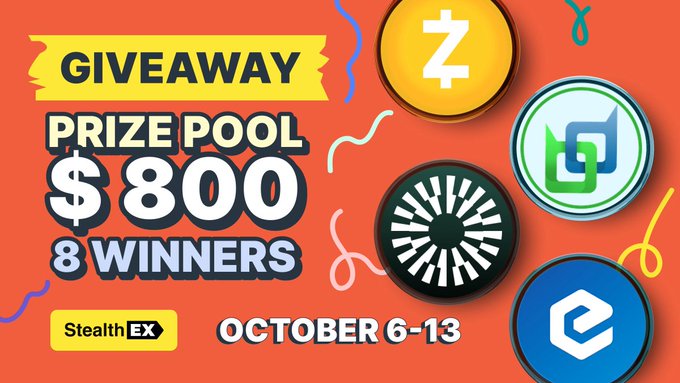 A promotional graphic announces a 'GIVEAWAY' with a '$800 PRIZE POOL' for '8 WINNERS' from 'StealthEX' running 'OCTOBER 6-13', displayed alongside circular icons featuring a 'Z' logo and other cryptocurrency and tech symbols on an orange background.