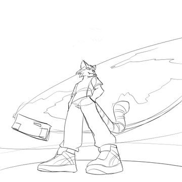 A black-and-white line drawing sketch of an anthropomorphic cat character with large shoes and a long tail, standing confidently on a barren landscape with stylized wind or energy lines behind it.