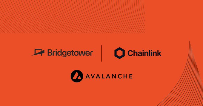 The image displays the logos of Bridgetower, Chainlink, and Avalanche on an orange background. This visually represents a partnership involving Bridgetower Capital, which is highlighted in the post discussing their DOM X Arizona Copper-Gold Project, likely indicating collaboration with Chainlink and Avalanche blockchain technologies.
