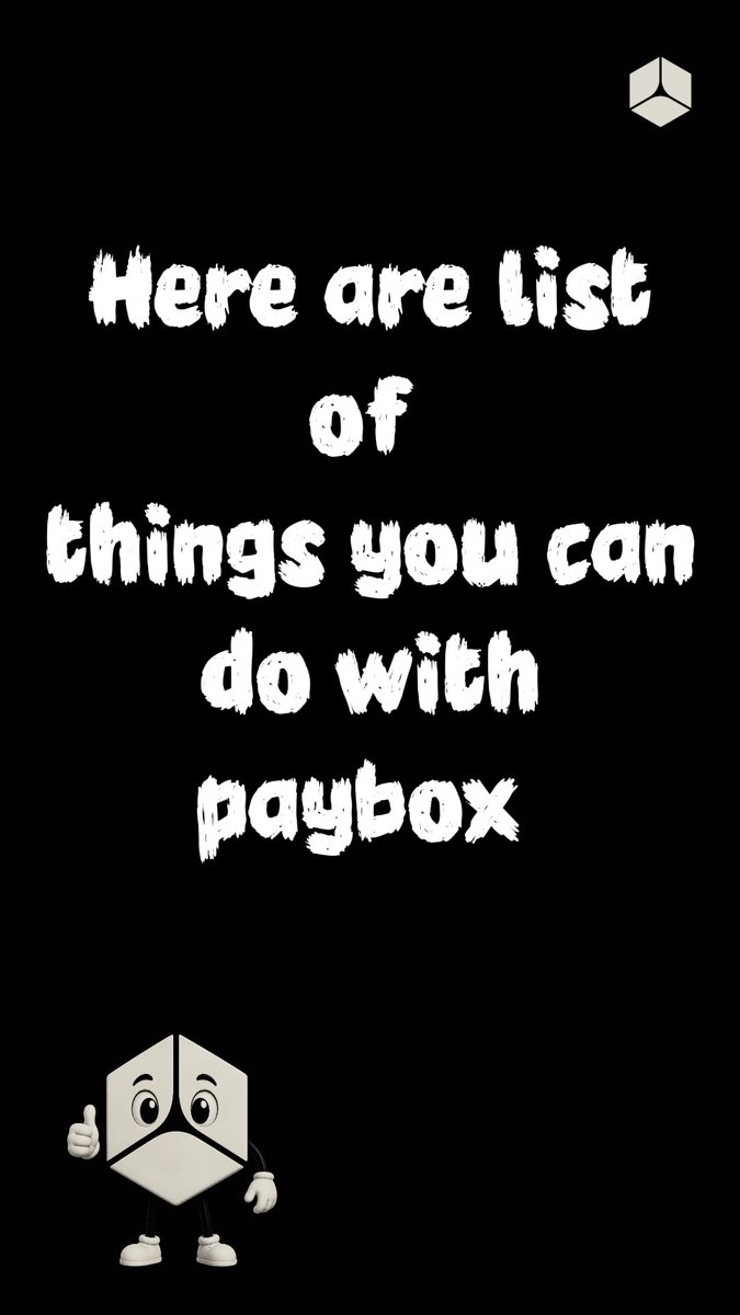 A graphic on a black background reads 'Here are list of things you can do with paybox' in white brush-stroke font, accompanied by a small cartoon box character giving a thumbs-up.