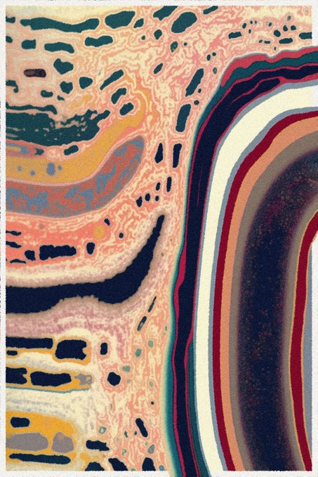 An abstract artwork composed of swirling organic patterns, dotted shapes, and bands of dark blue, pink, orange, and cream.