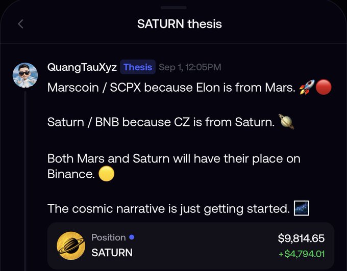 A screenshot of a social media post titled "SATURN thesis" by user "QuangTauXyz" dated "Sep 1, 12:05PM". The post discusses Marscoin, Saturn/BNB, and Binance, ending with a position showing SATURN at $9,814.65 (+$4,794.01).