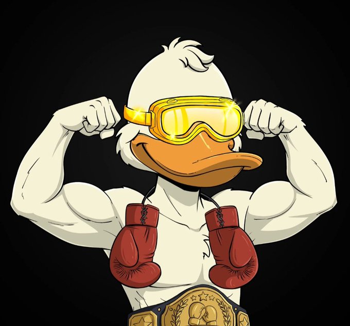 A muscular anthropomorphic duck flexes its biceps while wearing yellow-tinted ski goggles and red boxing gloves, proudly displaying a championship belt at its waist. The accompanying post highlights the $HBAR token and @hashpack, suggesting the image symbolizes strength and fighting spirit for the Hedera blockchain community, with the champion duck representing a powerful, victorious crypto contender.