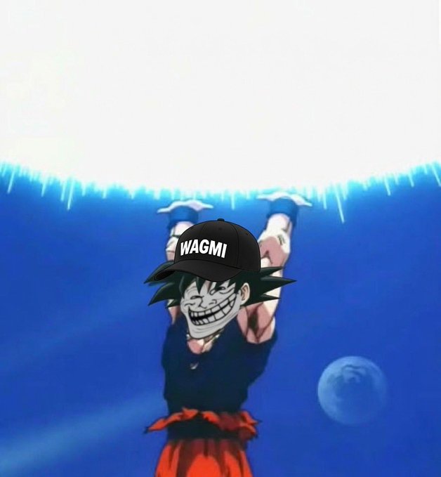 Meme image of an anime character with an exaggerated troll face grin wearing a black 'WAGMI' cap, with a Kamehameha-style blue energy blast in the background.