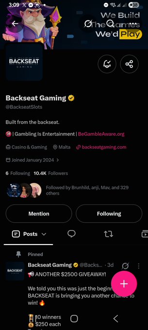 A Twitter/X profile page for Backseat Gaming (@BackseatSlots), a Malta-based Casino & Gaming company with 10.4K followers, featuring a giveaway promotion.