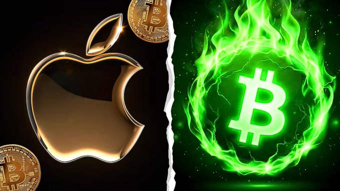The image displays two logos - one representing Apple and the other Bitcoin - set against a dark background. The Apple logo shows an apple with a green hole through its core, and there are various gold coins scattered below. On the opposite side of the screen is the Bitcoin logo, which features a white hash symbol surrounded by a green flame. Below these logos, text reads "Apple has 1,300,000,000 active devices and has NOT touched Bitcoin yet". The post also poses an intriguing question about whether people are buying Bitcoin before Apple announces it.