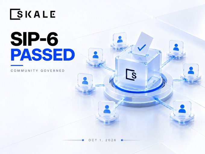 A promotional graphic for SKALE reads 'SIP-6 PASSED' and 'COMMUNITY GOVERNED' with a date of 'OCT 1, 2026,' featuring a network diagram with a central SKALE cube connected to user icons.