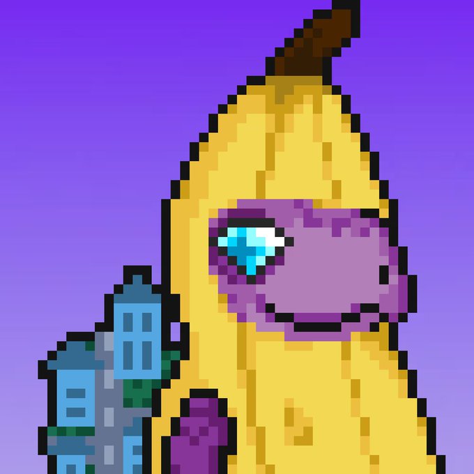 A pixel art image of a yellow figure with a pink face and a large blue tear in its eye, holding blue buildings, set against a purple background.