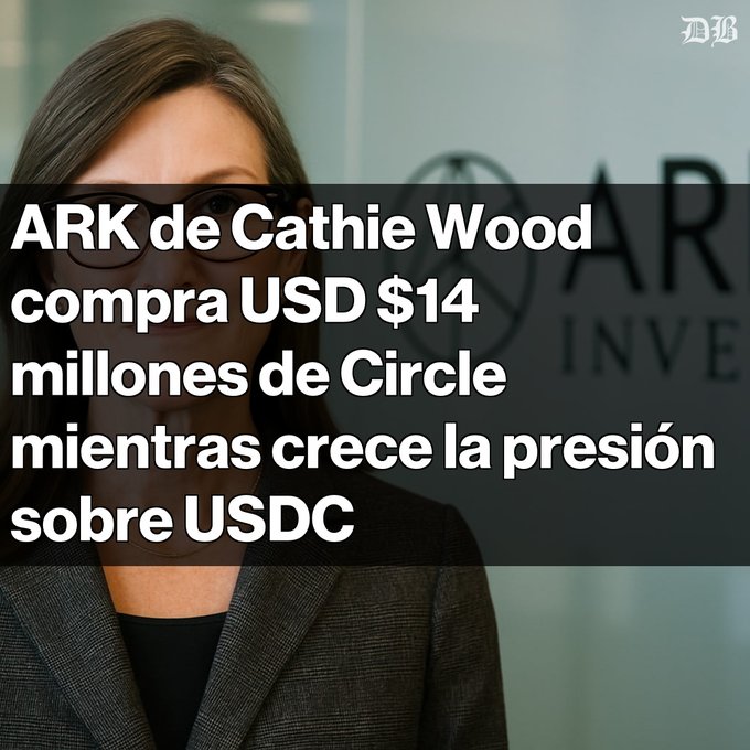 A woman in glasses stands in front of an ARK Invest logo, with overlaid Spanish text reading 'ARK de Cathie Wood compra USD $14 millones de Circle mientras crece la presión sobre USDC' (ARK's Cathie Wood buys $14 million USD of Circle as pressure on USDC grows).