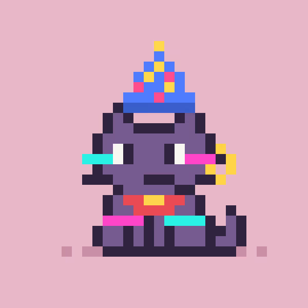 A pixel art illustration of a cat wearing a blue wizard hat with stars and a colorful collar, set against a pink background—resembling the iconic CryptoKitties NFT art style referenced in the lore discussion.