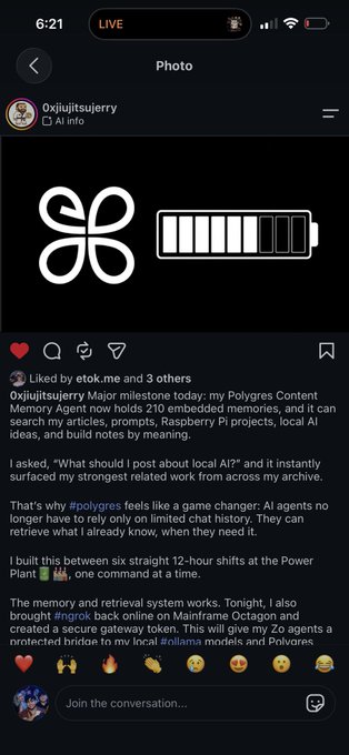 An Instagram post by user '0xjujitsujerry' featuring the PolyGres logo and a battery icon, discussing the launch of a PolyGres Content Memory Agent with 210 embedded memories for local AI applications.