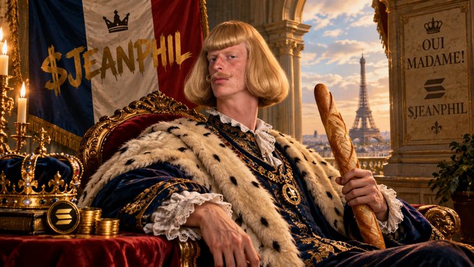 A person in elaborate royal attire including a blonde bob wig and ermine-trimmed robe sits on a golden throne holding a baguette, with banners reading '$JEANPHIL' and 'OUI MADAME! S.JEANPHIL' visible.