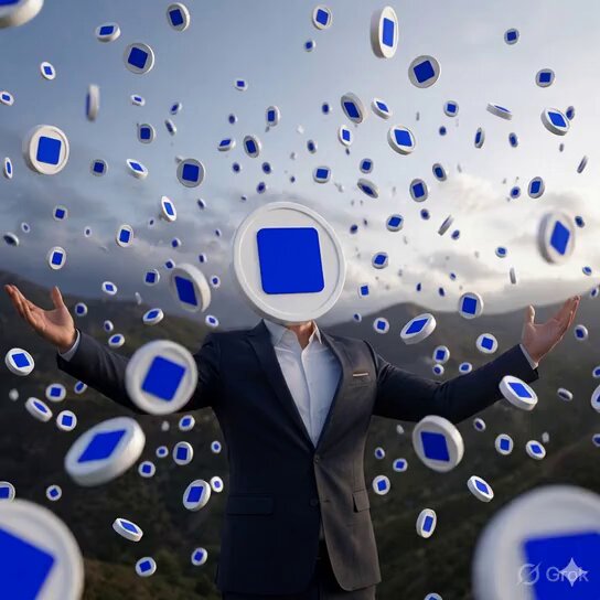 The image features an individual dressed in a suit, standing against a backdrop of blue sky dotted with white clouds. The person's face is partially obscured by a large number of blue circles falling from above them. These circles are of various sizes and appear to be floating or falling towards the ground. The person seems to be enjoying this unique experience as they stand there with their arms outstretched, seemingly embracing the falling circles.