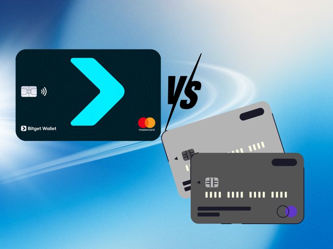 A Bitget Wallet Mastercard debit card is shown on the left versus two generic gray credit cards on the right, separated by a 'VS' graphic.